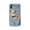 English Bulldog Denim phone case. 6 Denim styles for your Iphone 15 Pro Max, Iphone 14, 13, 12 to 6 & Samsung Galaxy S23 Ultra, S22, S21 to S6. 2 adventure dogs case denim english bulldog faded ephemera denim front view