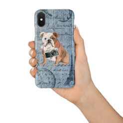 English Bulldog Denim phone case. 6 Denim styles for your Iphone 15 Pro Max, Iphone 14, 13, 12 to 6 & Samsung Galaxy S23 Ultra, S22, S21 to S6. 15 adventure dogs case denim english bulldog faded ephemera denim in hand