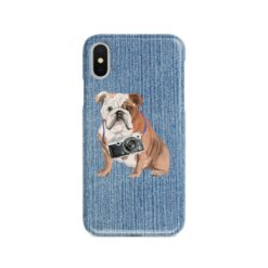 English Bulldog Denim phone case. 6 Denim styles for your Iphone 15 Pro Max, Iphone 14, 13, 12 to 6 & Samsung Galaxy S23 Ultra, S22, S21 to S6. 14 adventure dogs case denim english bulldog gently faded denim front view