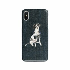 English Pointer Denim phone case. 6 Denim styles for your Iphone 15 Pro Max, Iphone 14, 13, 12 to 6 & Samsung Galaxy S23 Ultra, S22, S21 to S6. 13 adventure dogs case denim english pointer dark denim front view