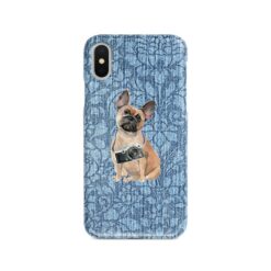 French Bulldog Denim phone case. 6 Denim styles for your Iphone 15 Pro Max, Iphone 14, 13, 12 to 6 & Samsung Galaxy S23 Ultra, S22, S21 to S6. 10 adventure dogs case denim french bulldog bleached damask denim front view