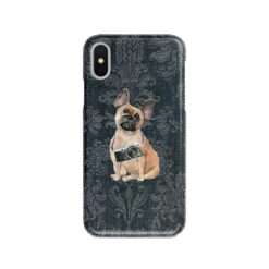 French Bulldog Denim phone case. 6 Denim styles for your Iphone 15 Pro Max, Iphone 14, 13, 12 to 6 & Samsung Galaxy S23 Ultra, S22, S21 to S6. 12 adventure dogs case denim french bulldog dark damask denim front view