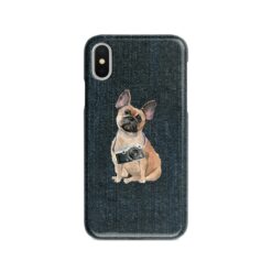 French Bulldog Denim phone case. 6 Denim styles for your Iphone 15 Pro Max, Iphone 14, 13, 12 to 6 & Samsung Galaxy S23 Ultra, S22, S21 to S6. 13 adventure dogs case denim french bulldog dark denim front view