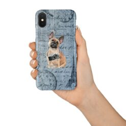 French Bulldog Denim phone case. 6 Denim styles for your Iphone 15 Pro Max, Iphone 14, 13, 12 to 6 & Samsung Galaxy S23 Ultra, S22, S21 to S6. 15 adventure dogs case denim french bulldog faded ephemera denim in hand