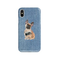 French Bulldog Denim phone case. 6 Denim styles for your Iphone 15 Pro Max, Iphone 14, 13, 12 to 6 & Samsung Galaxy S23 Ultra, S22, S21 to S6. 14 adventure dogs case denim french bulldog gently faded denim front view