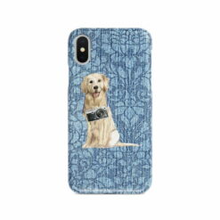 Golden Retriever Denim phone case. 6 Denim styles for your Iphone 15 Pro Max, Iphone 14, 13, 12 to 6 & Samsung Galaxy S23 Ultra, S22, S21 to S6. 10 adventure dogs case denim golden retriever bleached damask denim front view