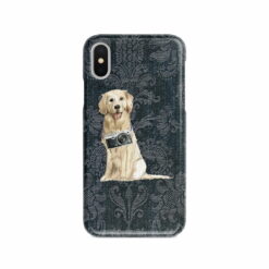 Golden Retriever Denim phone case. 6 Denim styles for your Iphone 15 Pro Max, Iphone 14, 13, 12 to 6 & Samsung Galaxy S23 Ultra, S22, S21 to S6. 12 adventure dogs case denim golden retriever dark damask denim front view