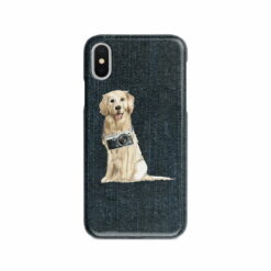 Golden Retriever Denim phone case. 6 Denim styles for your Iphone 15 Pro Max, Iphone 14, 13, 12 to 6 & Samsung Galaxy S23 Ultra, S22, S21 to S6. 13 adventure dogs case denim golden retriever dark denim front view