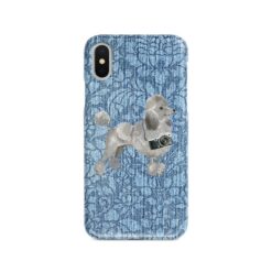 Grey Poodle Denim phone case. 6 Denim styles for your Iphone 15 Pro Max, Iphone 14, 13, 12 to 6 & Samsung Galaxy S23 Ultra, S22, S21 to S6. 11 adventure dogs case denim grey poodle bleached damask denim front view
