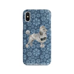 Grey Poodle Denim phone case. 6 Denim styles for your Iphone 15 Pro Max, Iphone 14, 13, 12 to 6 & Samsung Galaxy S23 Ultra, S22, S21 to S6. 12 adventure dogs case denim grey poodle daisy denim front view
