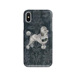 Grey Poodle Denim phone case. 6 Denim styles for your Iphone 15 Pro Max, Iphone 14, 13, 12 to 6 & Samsung Galaxy S23 Ultra, S22, S21 to S6. 13 adventure dogs case denim grey poodle dark damask denim front view