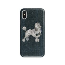 Grey Poodle Denim phone case. 6 Denim styles for your Iphone 15 Pro Max, Iphone 14, 13, 12 to 6 & Samsung Galaxy S23 Ultra, S22, S21 to S6. 14 adventure dogs case denim grey poodle dark denim front view