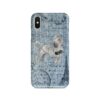 Grey Poodle Denim phone case. 6 Denim styles for your Iphone 15 Pro Max, Iphone 14, 13, 12 to 6 & Samsung Galaxy S23 Ultra, S22, S21 to S6. 1 adventure dogs case denim grey poodle faded ephemera denim front view