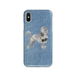 Grey Poodle Denim phone case. 6 Denim styles for your Iphone 15 Pro Max, Iphone 14, 13, 12 to 6 & Samsung Galaxy S23 Ultra, S22, S21 to S6. 15 adventure dogs case denim grey poodle gently faded denim front view