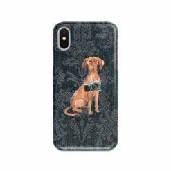 Hungarian Vizsla Denim phone case. 6 Denim styles for your Iphone 15 Pro Max, Iphone 14, 13, 12 to 6 & Samsung Galaxy S23 Ultra, S22, S21 to S6. 12 adventure dogs case denim hungarian vizsla dark damask denim front view