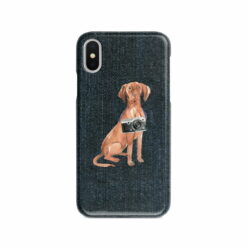 Hungarian Vizsla Denim phone case. 6 Denim styles for your Iphone 15 Pro Max, Iphone 14, 13, 12 to 6 & Samsung Galaxy S23 Ultra, S22, S21 to S6. 13 adventure dogs case denim hungarian vizsla dark denim front view