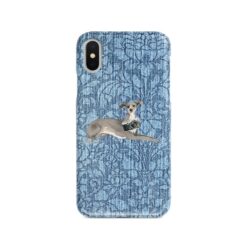 Italian greyhound Denim phone case. 6 Denim styles for your Iphone 15 Pro Max, Iphone 14, 13, 12 to 6 & Samsung Galaxy S23 Ultra, S22, S21 to S6. 10 adventure dogs case denim italian greyhound bleached damask denim front view