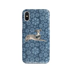 Italian greyhound Denim phone case. 6 Denim styles for your Iphone 15 Pro Max, Iphone 14, 13, 12 to 6 & Samsung Galaxy S23 Ultra, S22, S21 to S6. 11 adventure dogs case denim italian greyhound daisy denim front view