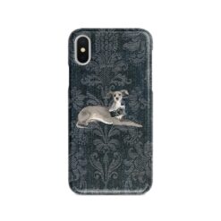 Italian greyhound Denim phone case. 6 Denim styles for your Iphone 15 Pro Max, Iphone 14, 13, 12 to 6 & Samsung Galaxy S23 Ultra, S22, S21 to S6. 12 adventure dogs case denim italian greyhound dark damask denim front view