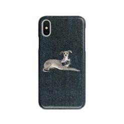 Italian greyhound Denim phone case. 6 Denim styles for your Iphone 15 Pro Max, Iphone 14, 13, 12 to 6 & Samsung Galaxy S23 Ultra, S22, S21 to S6. 13 adventure dogs case denim italian greyhound dark denim front view