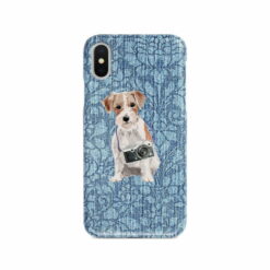 Jack Russell Denim phone case. 6 Denim styles for your Iphone 15 Pro Max, Iphone 14, 13, 12 to 6 & Samsung Galaxy S23 Ultra, S22, S21 to S6. 10 adventure dogs case denim jack russel bleached damask denim front view