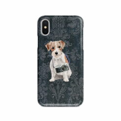 Jack Russell Denim phone case. 6 Denim styles for your Iphone 15 Pro Max, Iphone 14, 13, 12 to 6 & Samsung Galaxy S23 Ultra, S22, S21 to S6. 12 adventure dogs case denim jack russel dark damask denim front view