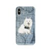 Japanese Spitz Denim phone case. 6 Denim styles for your Iphone 15 Pro Max, Iphone 14, 13, 12 to 6 & Samsung Galaxy S23 Ultra, S22, S21 to S6. 2 adventure dogs case denim japanese spitz faded ephemera denim front view