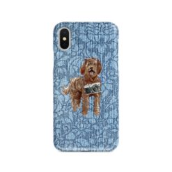 Labradoodle Denim phone case. 6 Denim styles for your Iphone 15 Pro Max, Iphone 14, 13, 12 to 6 & Samsung Galaxy S23 Ultra, S22, S21 to S6. 10 adventure dogs case denim labradoodle bleached damask denim front view