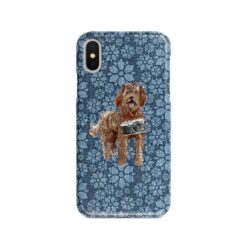 Labradoodle Denim phone case. 6 Denim styles for your Iphone 15 Pro Max, Iphone 14, 13, 12 to 6 & Samsung Galaxy S23 Ultra, S22, S21 to S6. 11 adventure dogs case denim labradoodle daisy denim front view