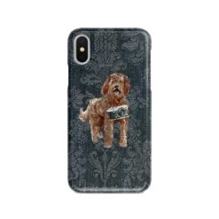 Labradoodle Denim phone case. 6 Denim styles for your Iphone 15 Pro Max, Iphone 14, 13, 12 to 6 & Samsung Galaxy S23 Ultra, S22, S21 to S6. 12 adventure dogs case denim labradoodle dark damask denim front view