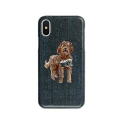 Labradoodle Denim phone case. 6 Denim styles for your Iphone 15 Pro Max, Iphone 14, 13, 12 to 6 & Samsung Galaxy S23 Ultra, S22, S21 to S6. 13 adventure dogs case denim labradoodle dark denim front view