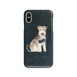 Lakeland Terrier Denim phone case. 6 Denim styles for your Iphone 15 Pro Max, Iphone 14, 13, 12 to 6 & Samsung Galaxy S23 Ultra, S22, S21 to S6. 13 adventure dogs case denim lakeland terrier dark denim front view