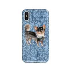 Long Haired Chihuahua Denim phone case. 6 Denim styles for your Iphone 15 Pro Max, Iphone 14, 13, 12 to 6 & Samsung Galaxy S23 Ultra, S22, S21 to S6. 10 adventure dogs case denim long haired chihuahua bleached damask denim front view
