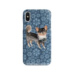 Long Haired Chihuahua Denim phone case. 6 Denim styles for your Iphone 15 Pro Max, Iphone 14, 13, 12 to 6 & Samsung Galaxy S23 Ultra, S22, S21 to S6. 11 adventure dogs case denim long haired chihuahua daisy denim front view