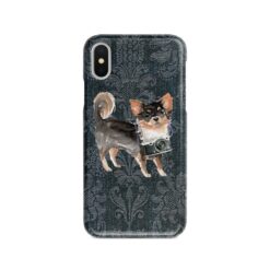 Long Haired Chihuahua Denim phone case. 6 Denim styles for your Iphone 15 Pro Max, Iphone 14, 13, 12 to 6 & Samsung Galaxy S23 Ultra, S22, S21 to S6. 12 adventure dogs case denim long haired chihuahua dark damask denim front view