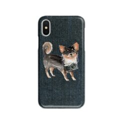 Long Haired Chihuahua Denim phone case. 6 Denim styles for your Iphone 15 Pro Max, Iphone 14, 13, 12 to 6 & Samsung Galaxy S23 Ultra, S22, S21 to S6. 13 adventure dogs case denim long haired chihuahua dark denim front view