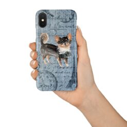 Long Haired Chihuahua Denim phone case. 6 Denim styles for your Iphone 15 Pro Max, Iphone 14, 13, 12 to 6 & Samsung Galaxy S23 Ultra, S22, S21 to S6. 15 adventure dogs case denim long haired chihuahua faded ephemera denim in hand