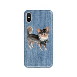 Long Haired Chihuahua Denim phone case. 6 Denim styles for your Iphone 15 Pro Max, Iphone 14, 13, 12 to 6 & Samsung Galaxy S23 Ultra, S22, S21 to S6. 14 adventure dogs case denim long haired chihuahua gently faded denim front view