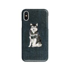 Malamute Denim phone case. 6 Denim styles for your Iphone 15 Pro Max, Iphone 14, 13, 12 to 6 & Samsung Galaxy S23 Ultra, S22, S21 to S6. 13 adventure dogs case denim malamute dark denim front view