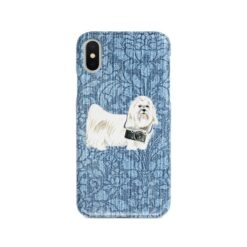 Maltese Denim phone case. 6 Denim styles for your Iphone 15 Pro Max, Iphone 14, 13, 12 to 6 & Samsung Galaxy S23 Ultra, S22, S21 to S6. 10 adventure dogs case denim maltese bleached damask denim front view