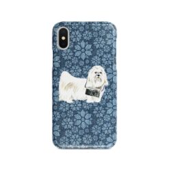 Maltese Denim phone case. 6 Denim styles for your Iphone 15 Pro Max, Iphone 14, 13, 12 to 6 & Samsung Galaxy S23 Ultra, S22, S21 to S6. 11 adventure dogs case denim maltese daisy denim front view