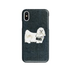 Maltese Denim phone case. 6 Denim styles for your Iphone 15 Pro Max, Iphone 14, 13, 12 to 6 & Samsung Galaxy S23 Ultra, S22, S21 to S6. 13 adventure dogs case denim maltese dark denim front view