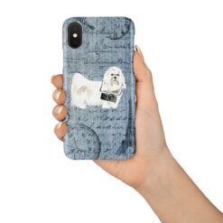 Maltese Denim phone case. 6 Denim styles for your Iphone 15 Pro Max, Iphone 14, 13, 12 to 6 & Samsung Galaxy S23 Ultra, S22, S21 to S6. 15 adventure dogs case denim maltese faded ephemera denim in hand