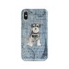 Miniature Schnauzer Denim phone case. 6 Denim styles for your Iphone 15 Pro Max, Iphone 14, 13, 12 to 6 & Samsung Galaxy S23 Ultra, S22, S21 to S6. 2 adventure dogs case denim miniature schnauzer faded ephemera denim front view