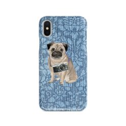 Pug Denim phone case. 6 Denim styles for your Iphone 15 Pro Max, Iphone 14, 13, 12 to 6 & Samsung Galaxy S23 Ultra, S22, S21 to S6. 10 adventure dogs case denim pug bleached damask denim front view