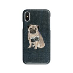 Pug Denim phone case. 6 Denim styles for your Iphone 15 Pro Max, Iphone 14, 13, 12 to 6 & Samsung Galaxy S23 Ultra, S22, S21 to S6. 13 adventure dogs case denim pug dark denim front view