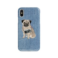 Pug Denim phone case. 6 Denim styles for your Iphone 15 Pro Max, Iphone 14, 13, 12 to 6 & Samsung Galaxy S23 Ultra, S22, S21 to S6. 14 adventure dogs case denim pug gently faded denim front view