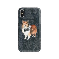Shetland Sheepdog Denim phone case. 6 Denim styles for your Iphone 15 Pro Max, Iphone 14, 13, 12 to 6 & Samsung Galaxy S23 Ultra, S22, S21 to S6. 12 adventure dogs case denim shetland sheepdog dark damask denim front view
