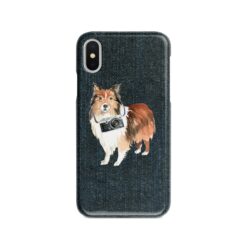 Shetland Sheepdog Denim phone case. 6 Denim styles for your Iphone 15 Pro Max, Iphone 14, 13, 12 to 6 & Samsung Galaxy S23 Ultra, S22, S21 to S6. 13 adventure dogs case denim shetland sheepdog dark denim front view