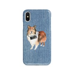 Shetland Sheepdog Denim phone case. 6 Denim styles for your Iphone 15 Pro Max, Iphone 14, 13, 12 to 6 & Samsung Galaxy S23 Ultra, S22, S21 to S6. 14 adventure dogs case denim shetland sheepdog gently faded denim front view